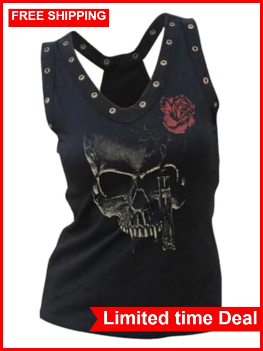 Skull Print Sleeveless Tank Top Women Gothic Rocker Loose Fit